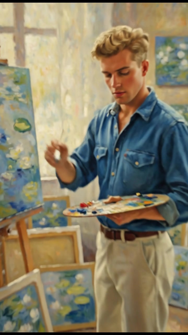 A close-up of Ryan painting at an easel, surrounded by canvases in his studio.