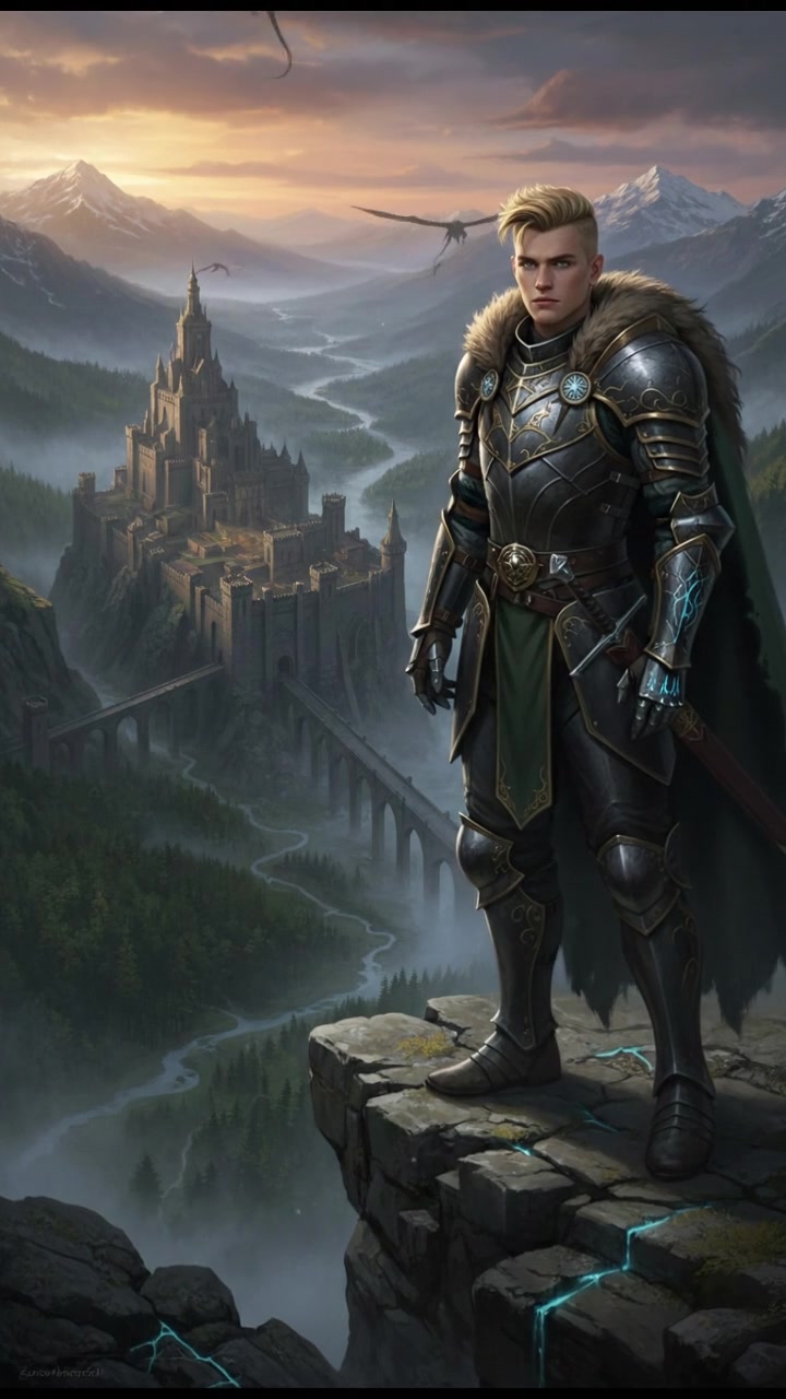 Ryan standing on a rocky cliff, overlooking a vast landscape, gazing determinedly into the distance.