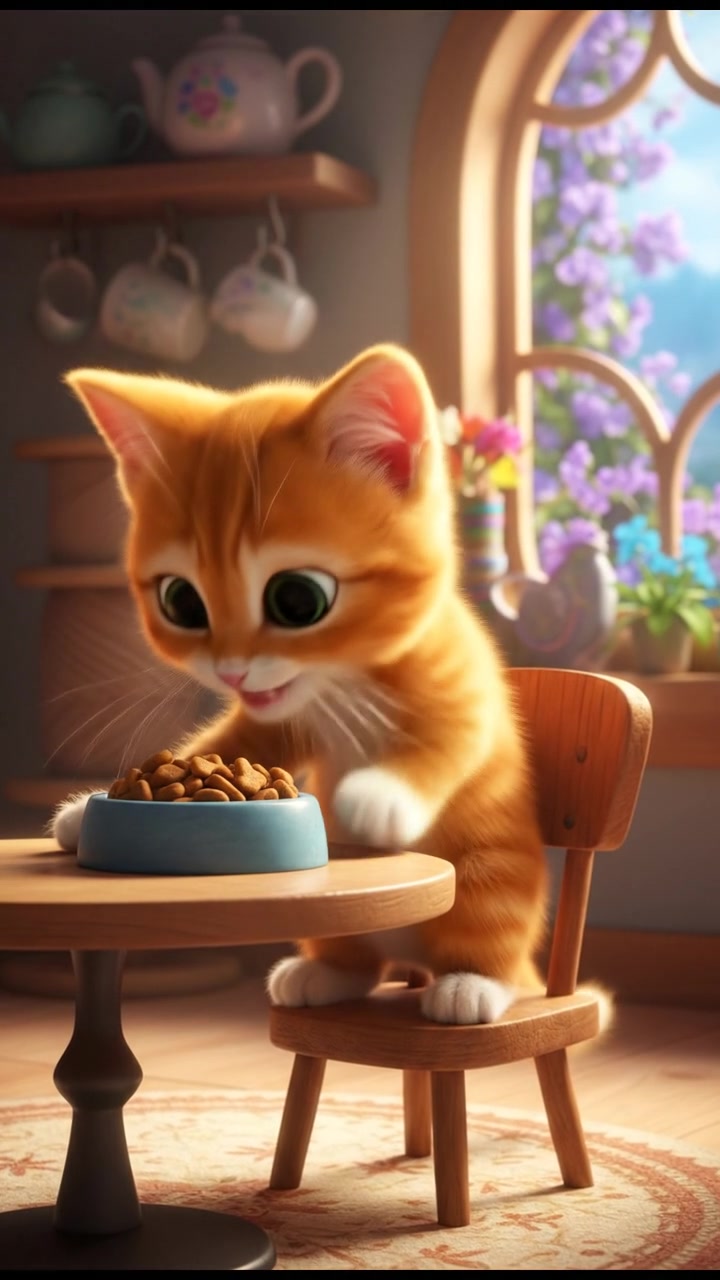 Whiskers, the orange tabby kitten, sitting at a tiny table with a bowl of food, looking excited.