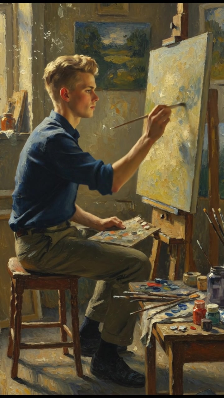 Ryan, focused, paints in a small, dimly lit studio with canvases and brushes scattered around.