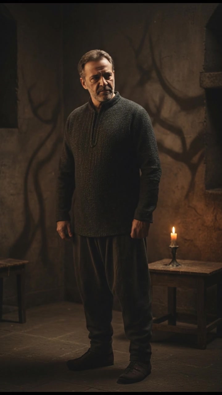 Omar standing alone in a dimly lit room, looking pensive and troubled, with shadows cast on the walls.