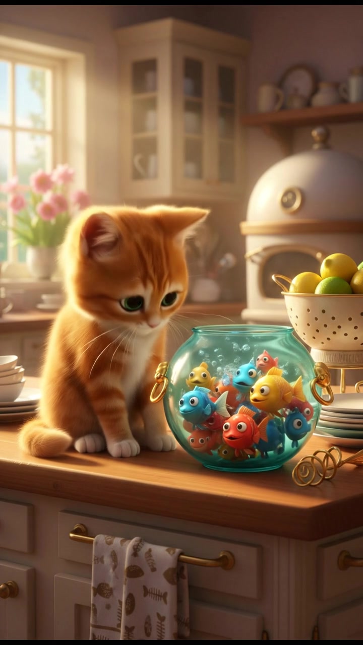 Whiskers, a small orange tabby kitten with bright green eyes, sits on a kitchen counter eyeing a bowl of fish.