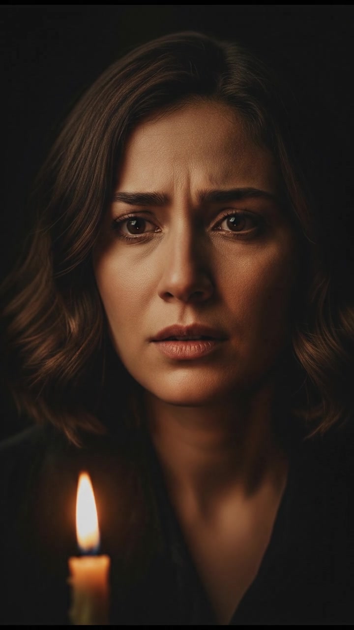 A close-up of Laila's face with a worried expression, whispering to the darkness.