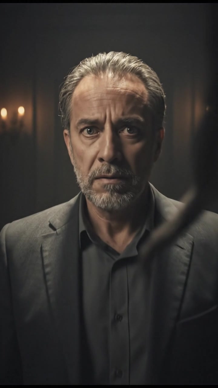 Omar standing alone in a dimly lit room, looking anxious as shadows loom around him.