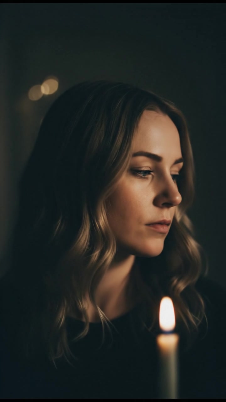 A close-up of Ashley’s face, illuminated by soft light, looking reflective.