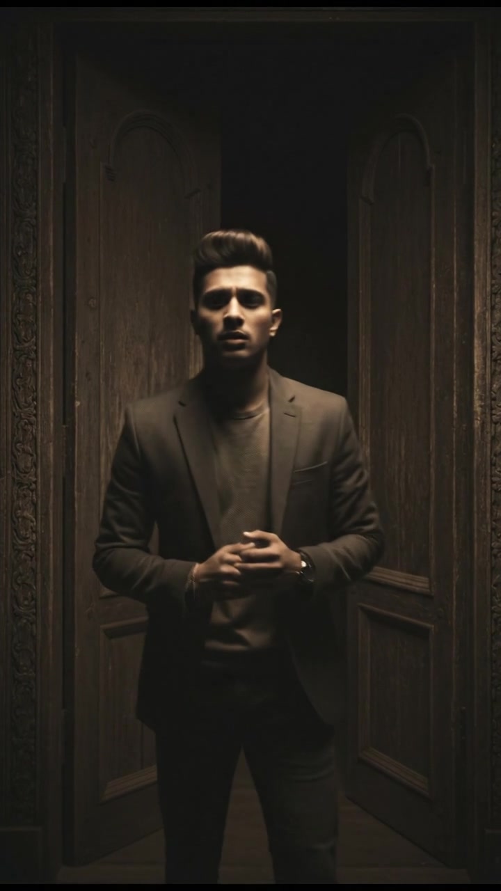 Arjun standing in front of the door, visibly anxious, with the doorframe in focus.