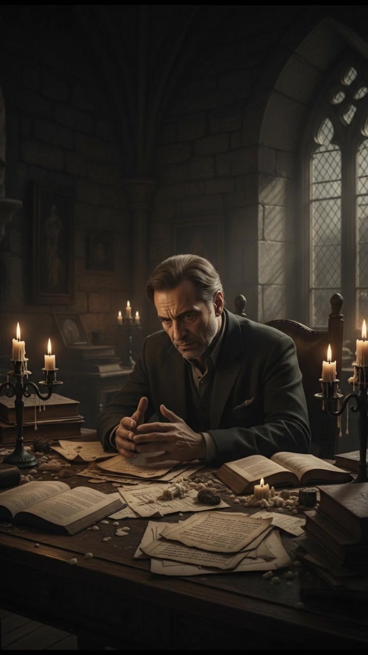 Omar sitting deep in thought at a desk cluttered with documents.