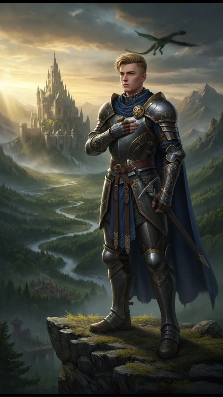 Ryan standing tall on a rocky cliff, overlooking a vast landscape, hand on his chest.