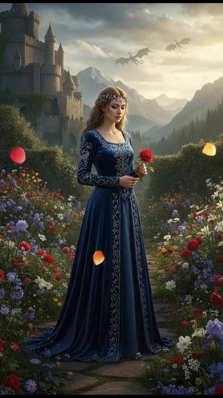 Ashley standing in a serene garden, her expression pure and thoughtful, surrounded by blooming flowers.