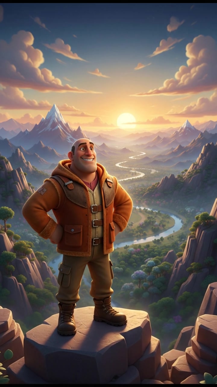 Carlos stands confidently on a rocky cliff, overlooking a vast valley with distant mountains.