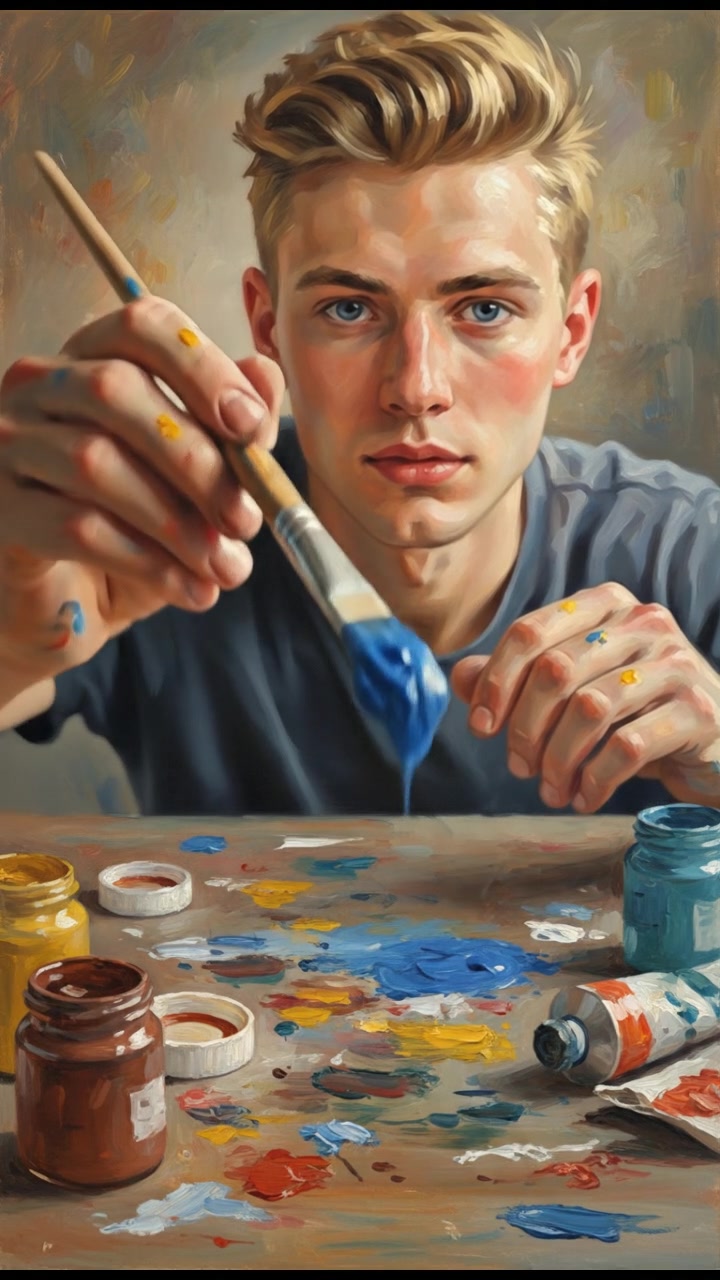 A close-up of Ryan's hands holding a paintbrush, with paint splatters on the table.