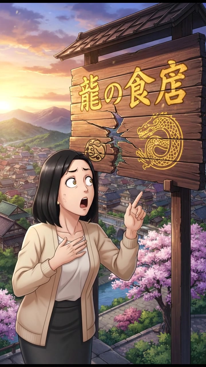 Li looking astonished at the repaired sign, with a look of disbelief on her face.