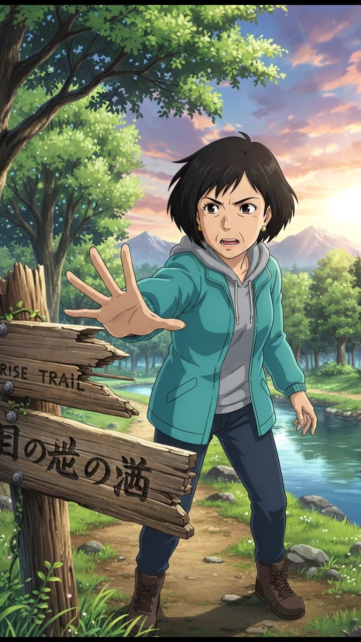 Li reaching out towards a broken wooden sign in a park, looking determined.