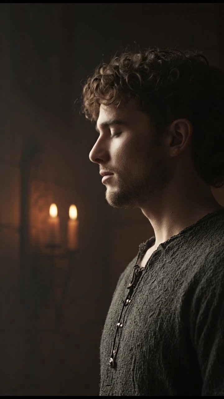 Mateo stands in a dimly lit room with shadows casting across the walls, gazing thoughtfully out a window.