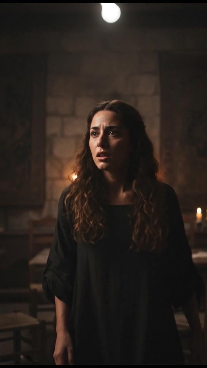 Maya nervously looking around in the dimly lit room, whispering as she glances toward the darkness.