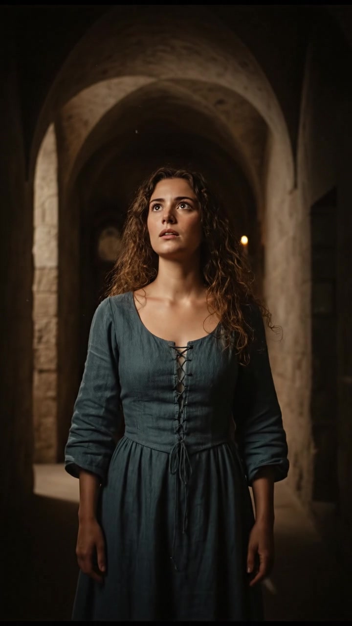 Maya standing alone in a dimly lit corridor, looking bewildered as time seems to pause.