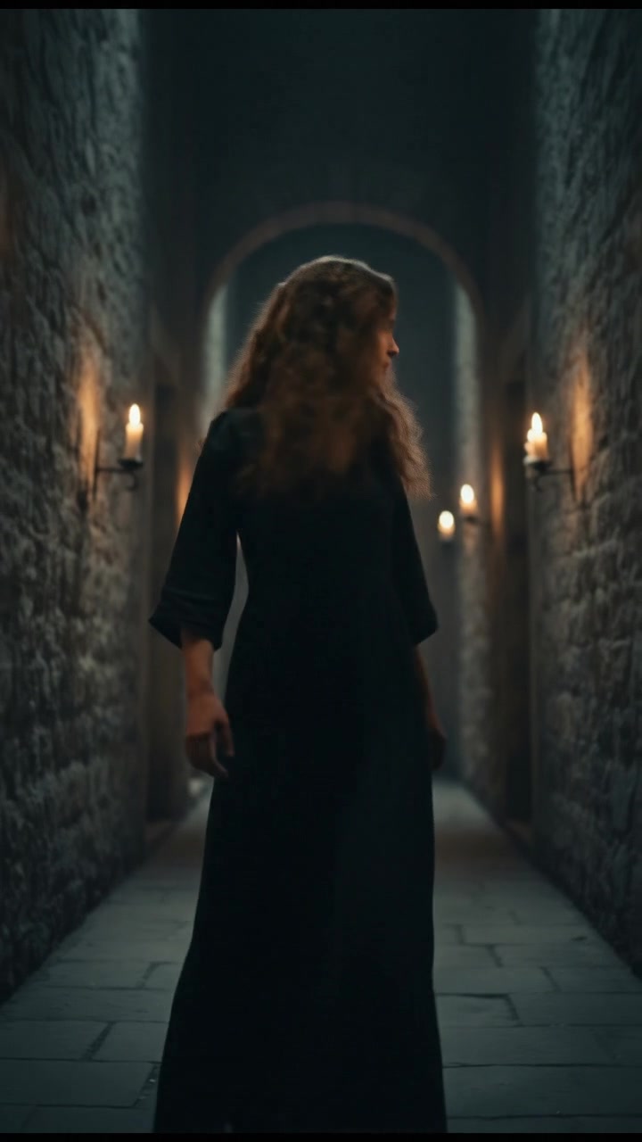 Maya walks nervously down a dimly lit hallway, shadows flickering around her.