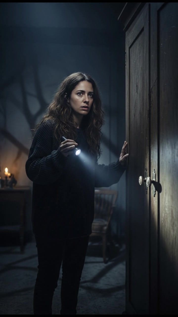 Maya stands nervously in a dimly lit room, holding a flashlight, watching the closet door.