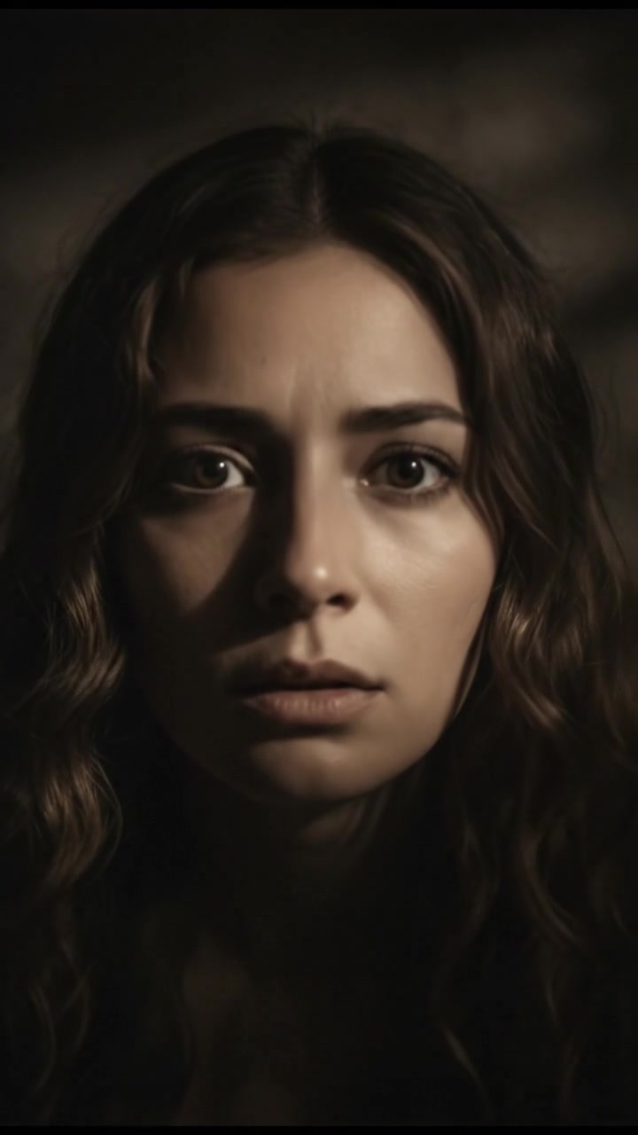 A close-up of Maya's face, looking anxious with wide eyes, in a dimly lit room.