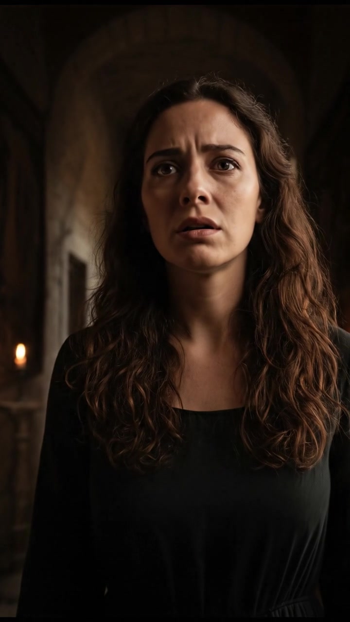 Maya, standing in a dark hallway, a worried expression as you listen intently.