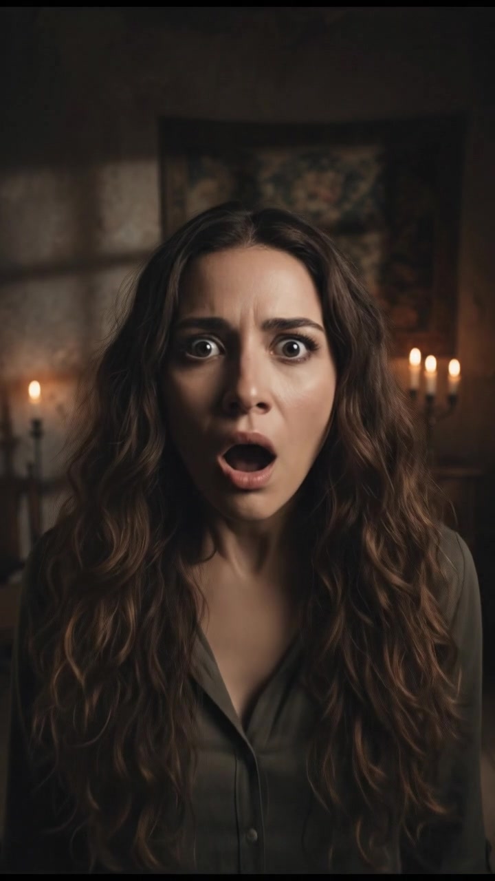 A close-up of Maya, with wide eyes and mouth open in shock, standing in a dimly lit room.