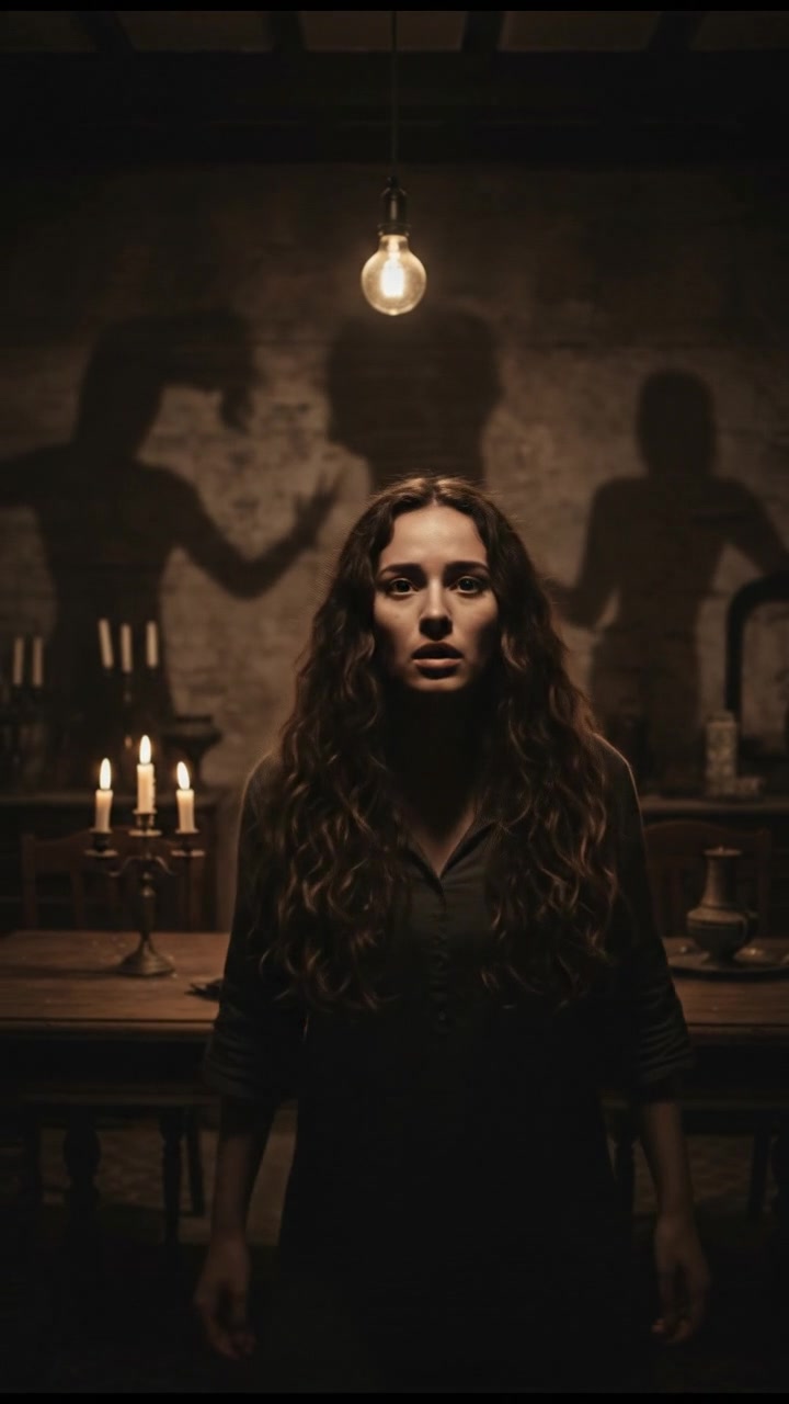 A darkened room with flickering lights, shadows dancing across the walls, and Maya looking alarmed.