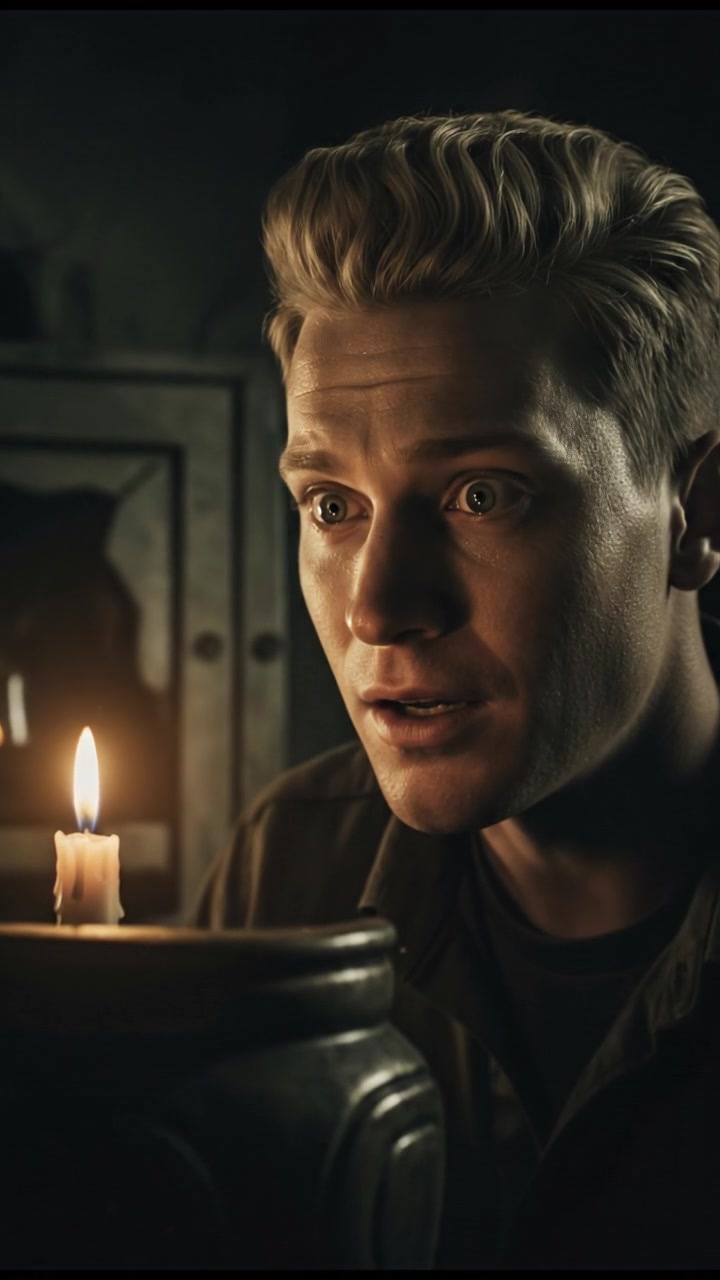 A close-up of Ryan's face, showing a mix of excitement and fear as he peers inside.