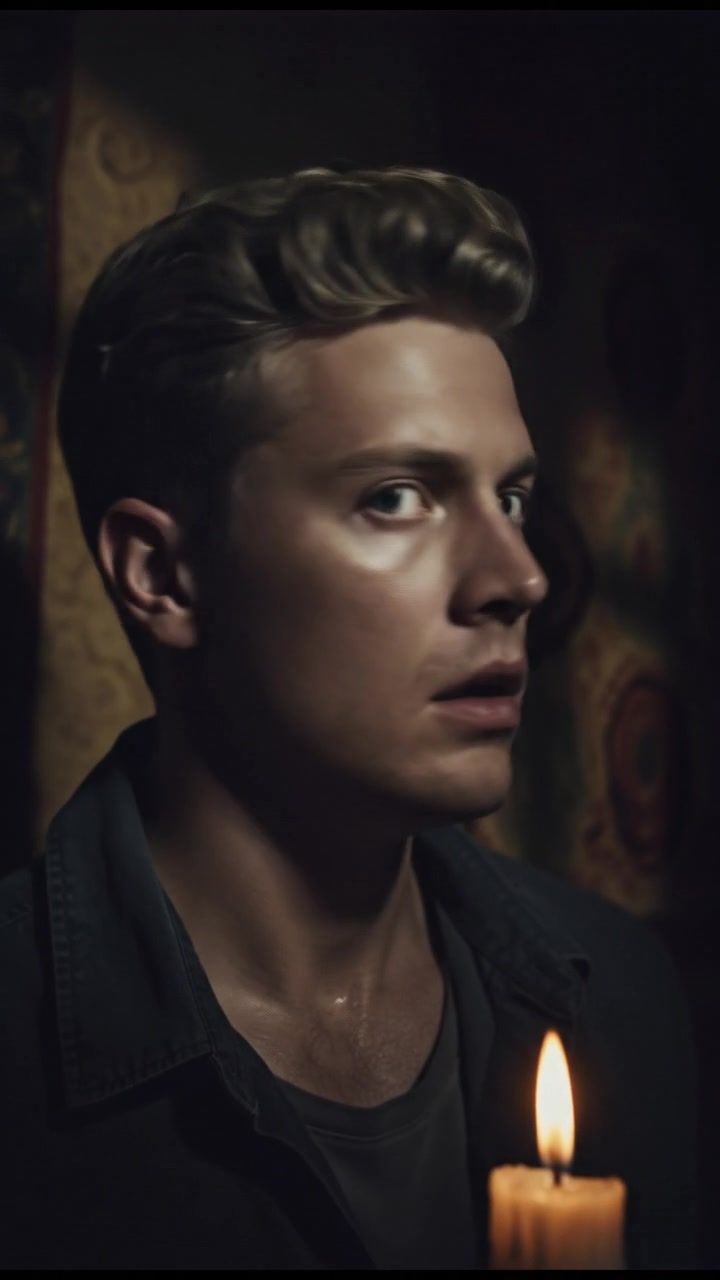 A close-up of Ryan’s startled face as he hears a whisper.