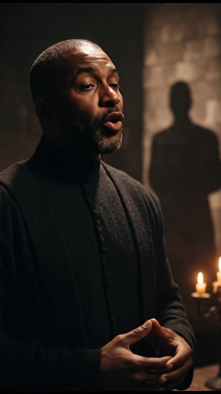The Kwame standing pensively in a shadowy room, speaking with mystery.