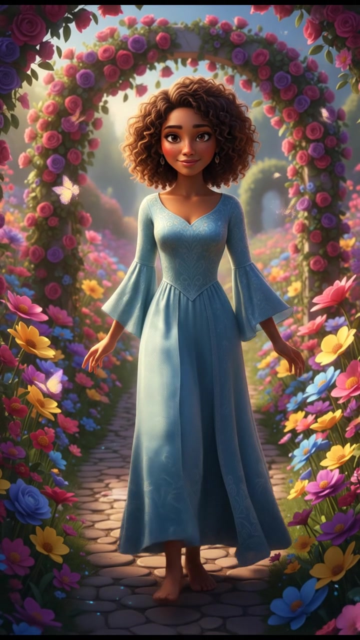 A portrait of Nia, with a serene expression, standing in a beautiful garden full of blooming flowers.