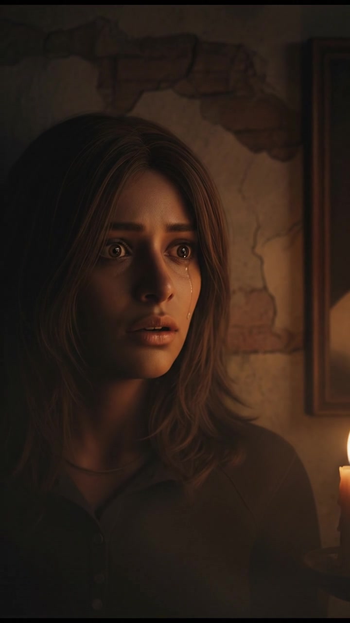 A focused shot of Priya's face, eyes wide with fear as she gazes at the portrait.