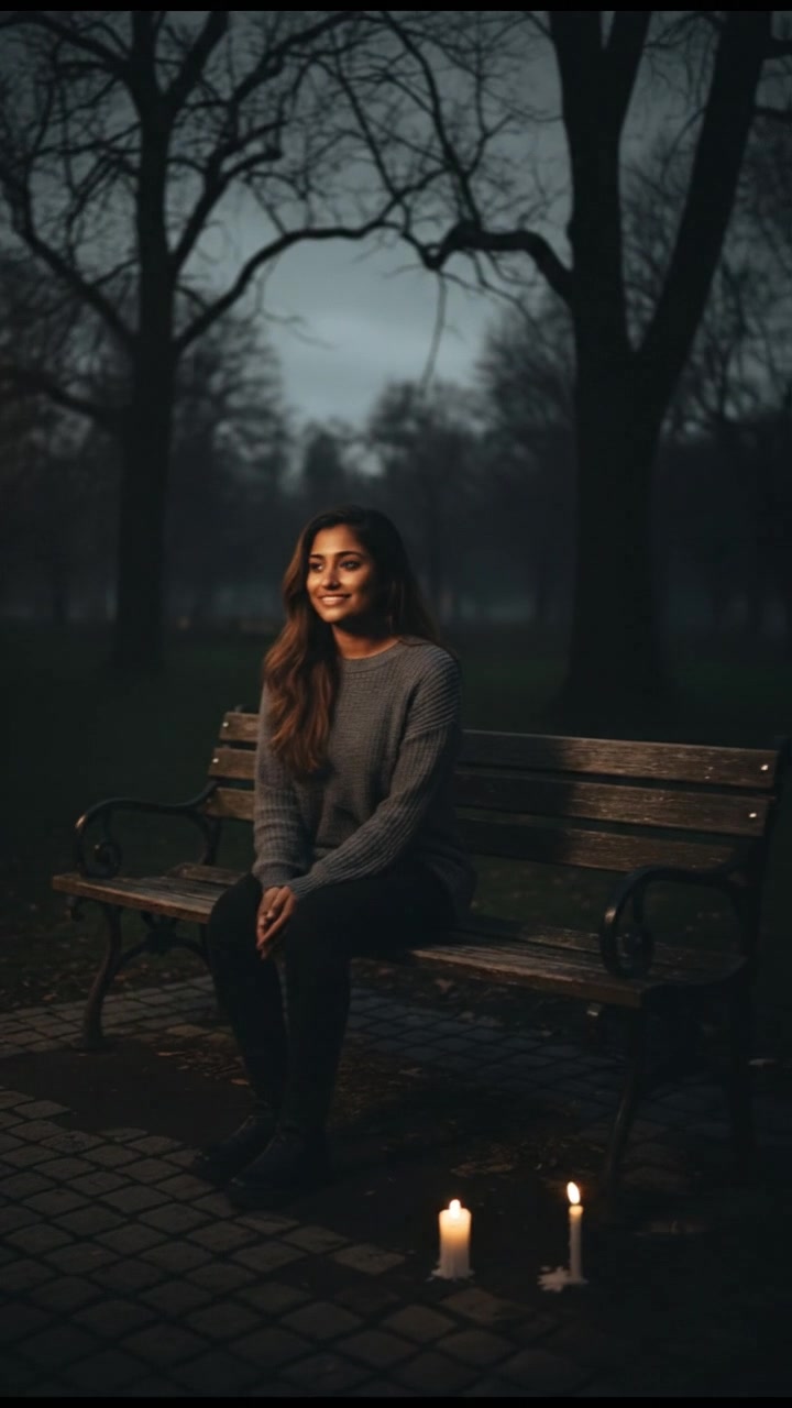 Priya, sitting on a park bench, looking contemplative with a small smile.