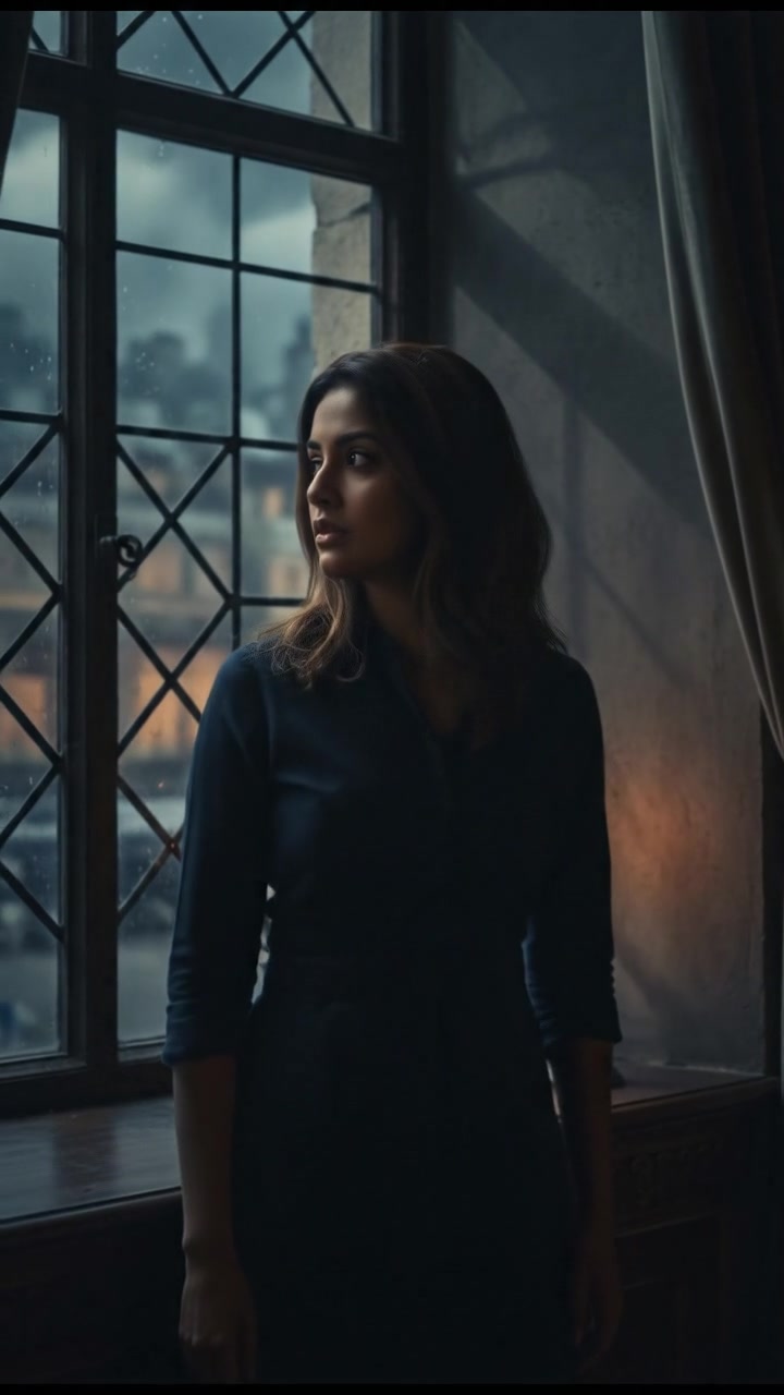 Riya gazing out of a window, deep in thought, with a contemplative look.