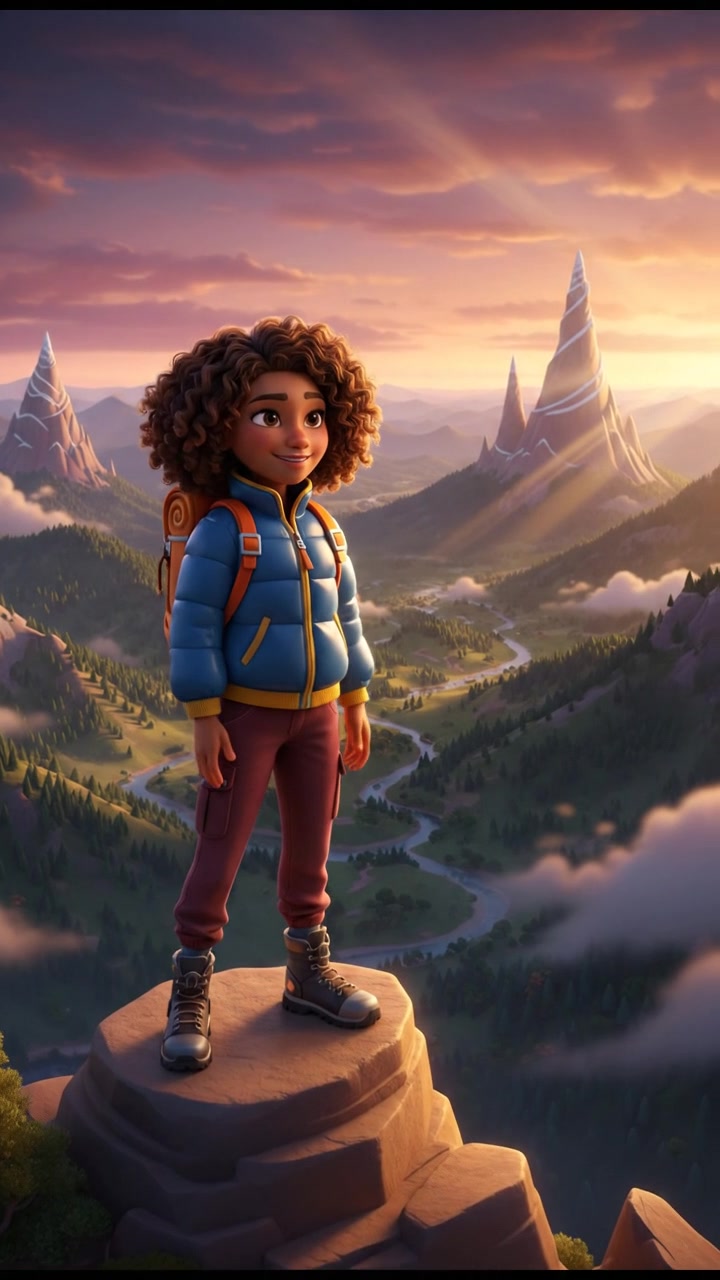 Nia, standing confidently on a mountain peak, looking out over a vast landscape of valleys and hills.