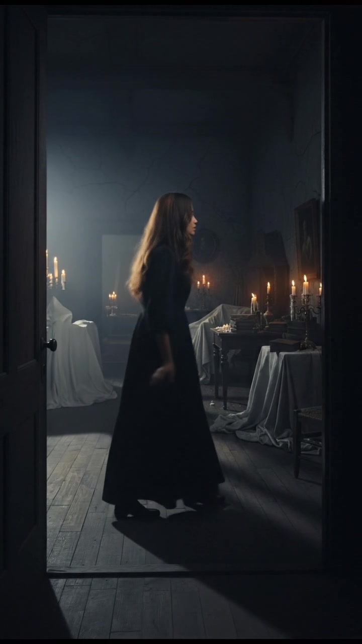 Priya standing at the open door, looking inside a dimly lit room with shadows falling across the floor.