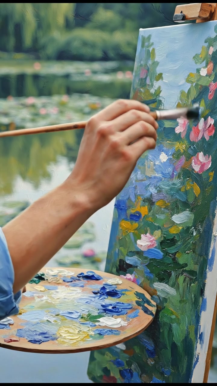 A close-up of Ryan's hands painting, emphasizing his focus and dedication.