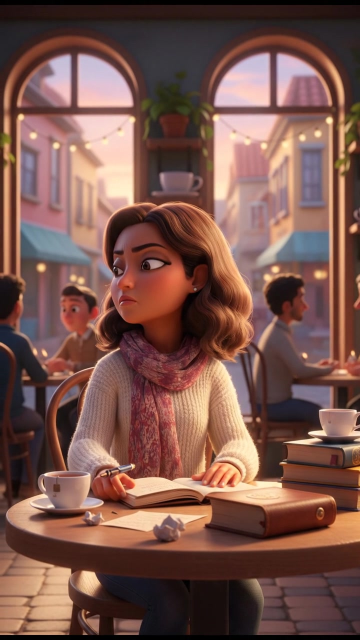 Laila seated at a café table, writing in a notebook with a thoughtful look.