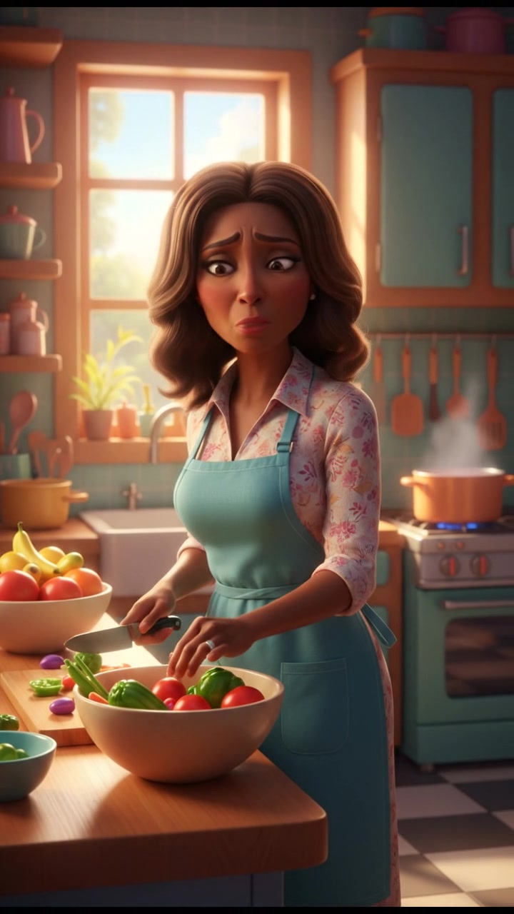 Monique stands in the kitchen, looking concerned while preparing dinner, with a worried expression.