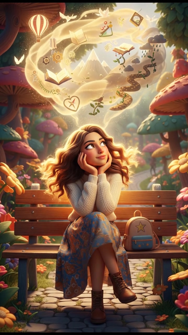 A thoughtful Laila sitting on a park bench, pondering her dreams and challenges.