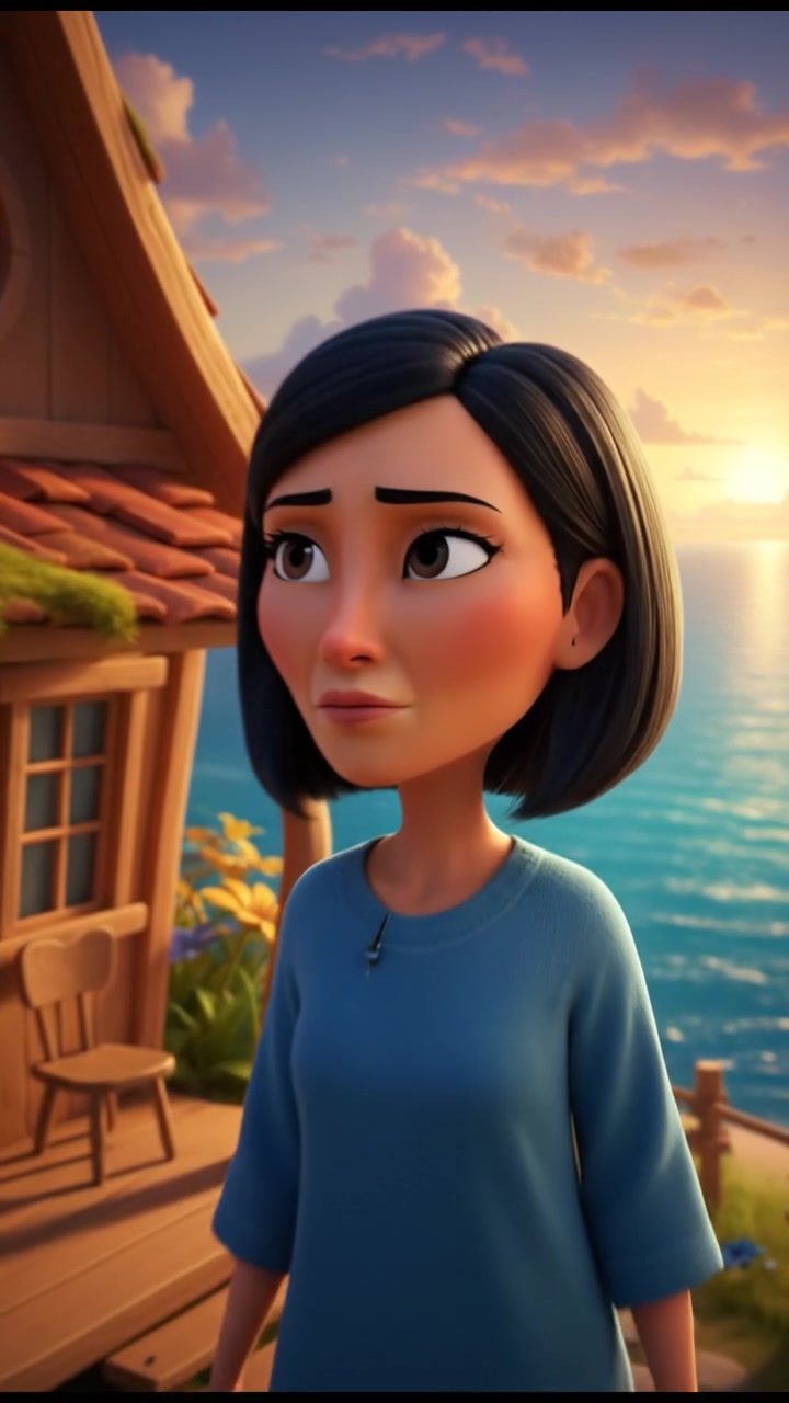 Li stands outside a simple wooden house, looking out toward the sea with a thoughtful expression.