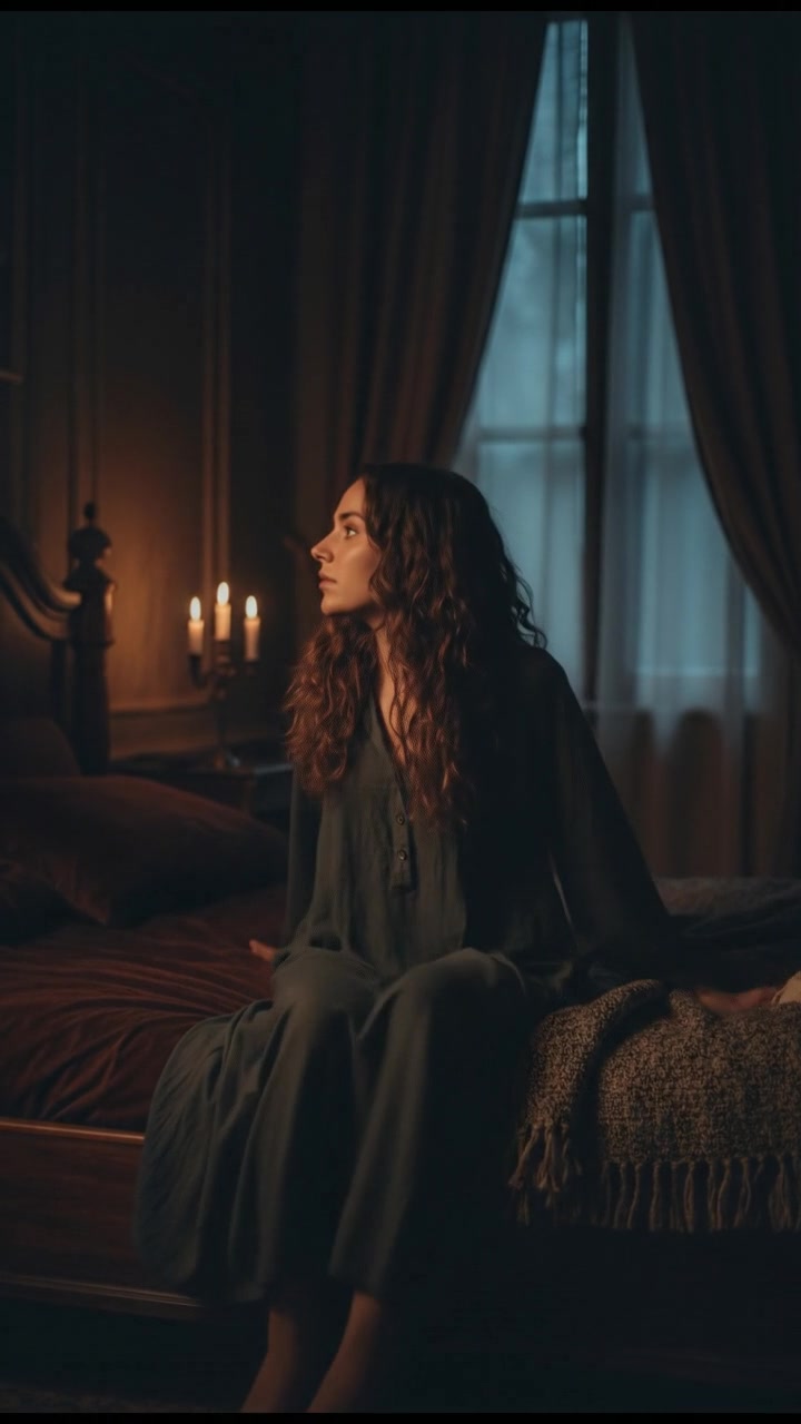 Maya, with loose curls, sitting on a bed in a dimly lit room, looking thoughtfully.