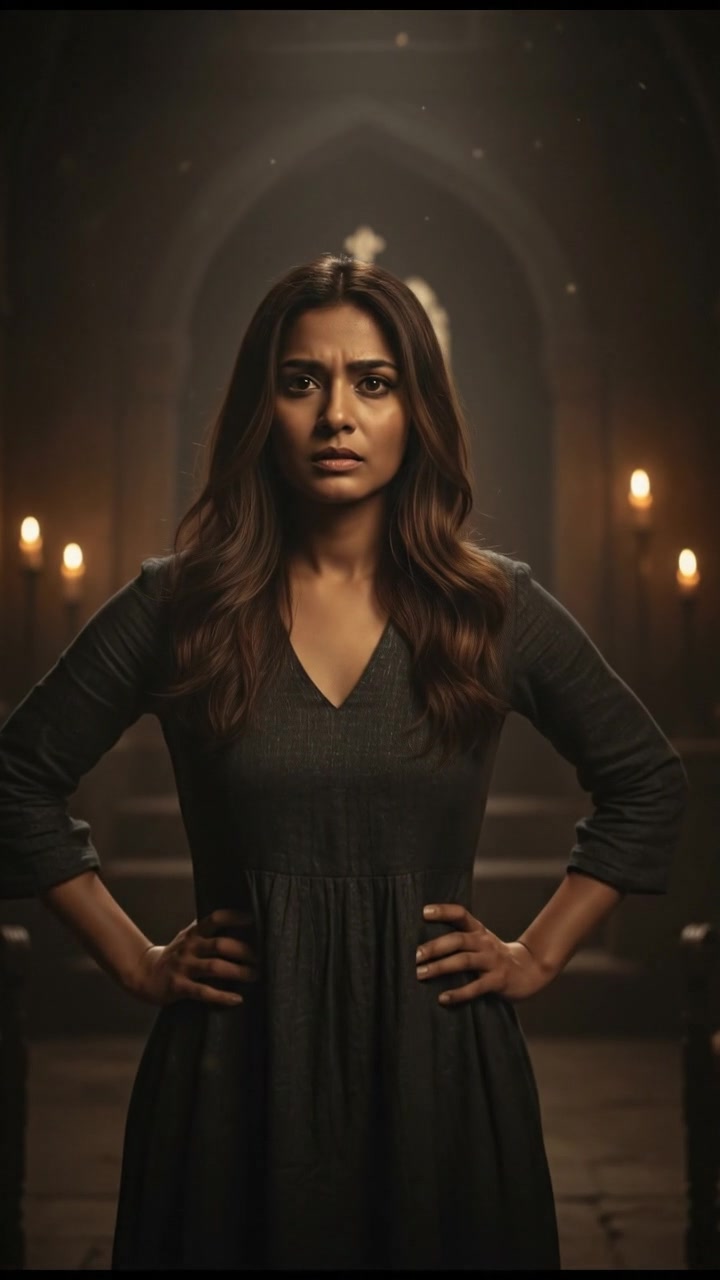 Priya standing in a dimly lit room, hands on hips, looking concerned.