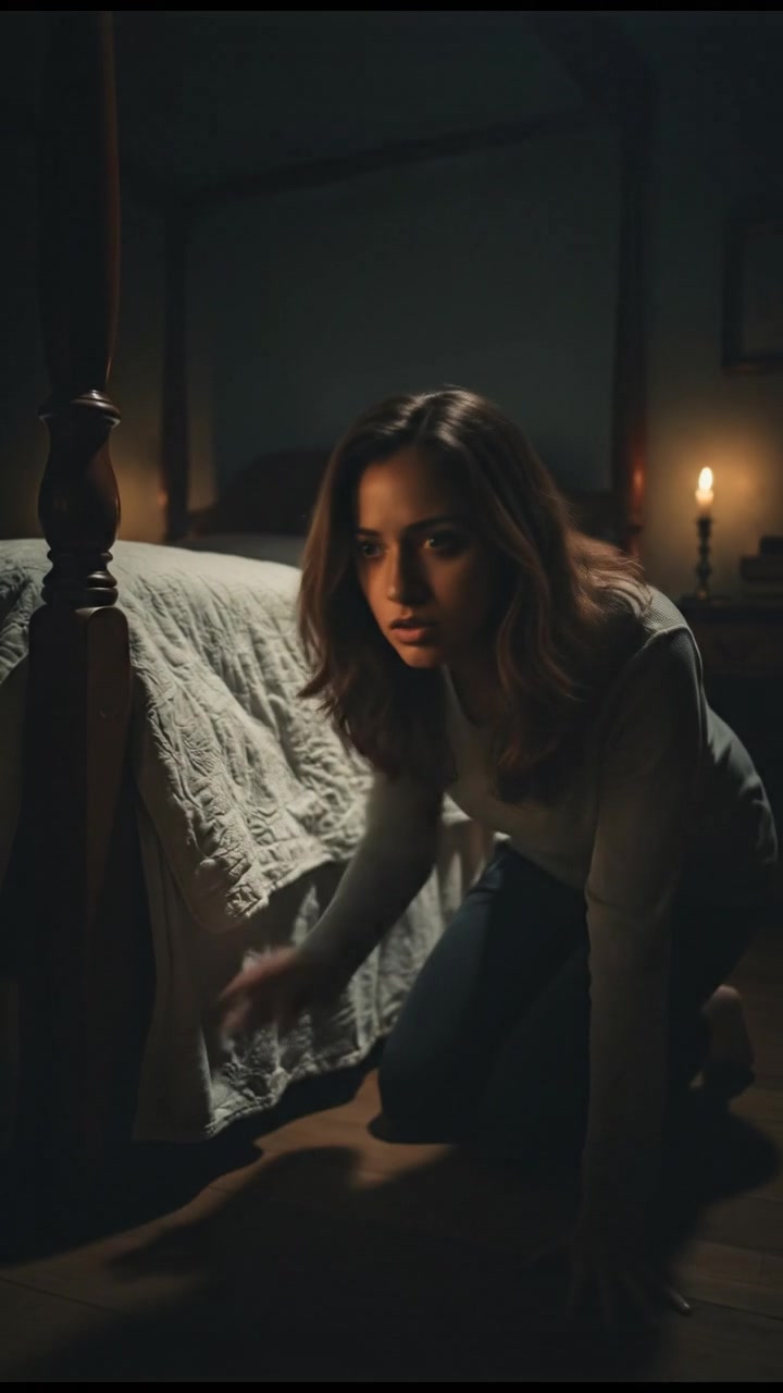 Priya, with a determined expression, kneeling beside her bed, about to peek underneath.