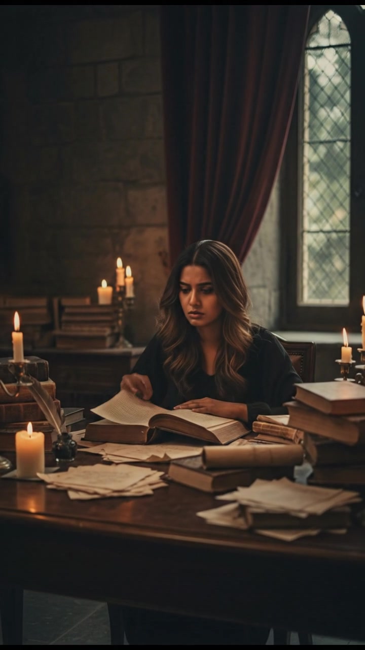 Priya is working at a desk piled with papers and books, deep in thought with a focused look.