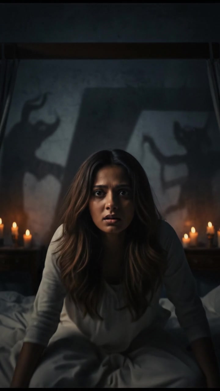 Priya sitting upright in bed with fear on her face, shadows playing across the walls.