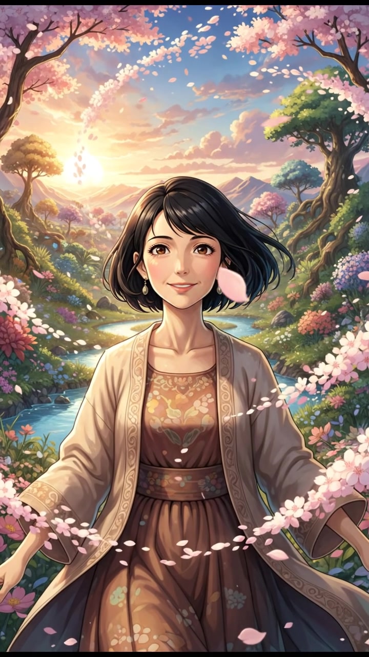 Li standing in the garden, her face illuminated by soft, warm light, with petals swirling around her.