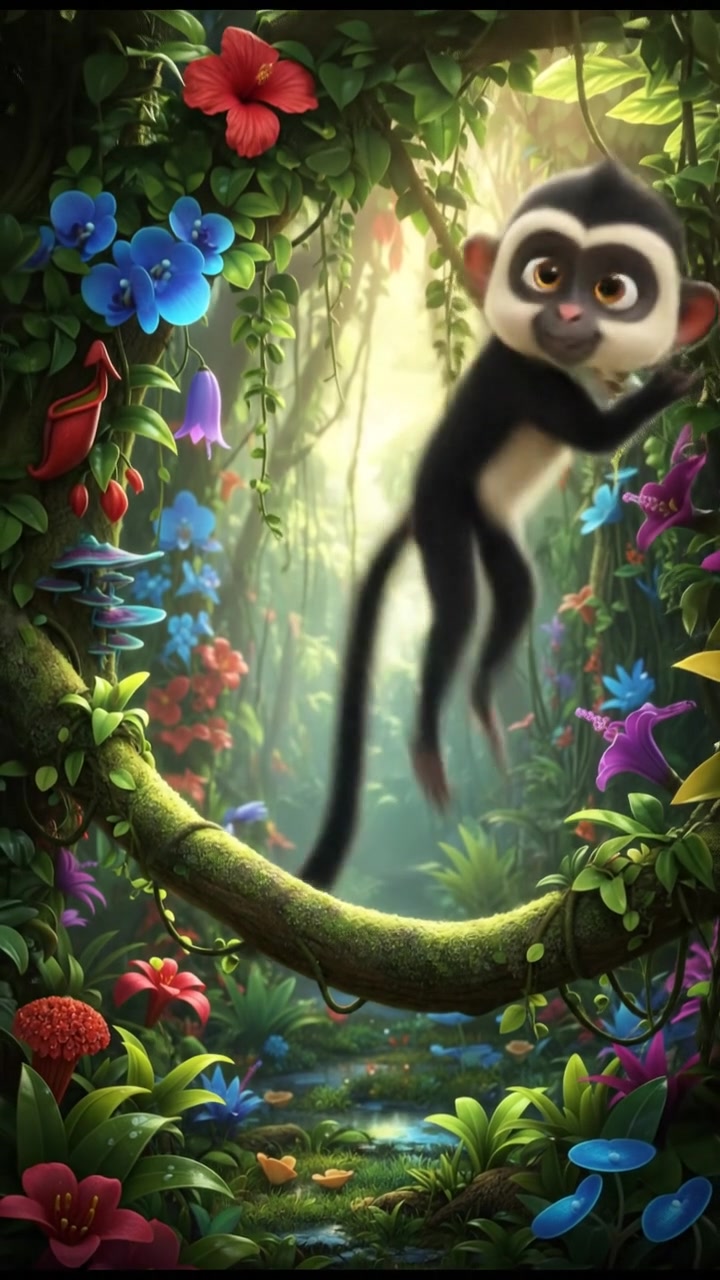 Milo playing joyfully on a branch in a lush green jungle filled with colorful plants and flowers.