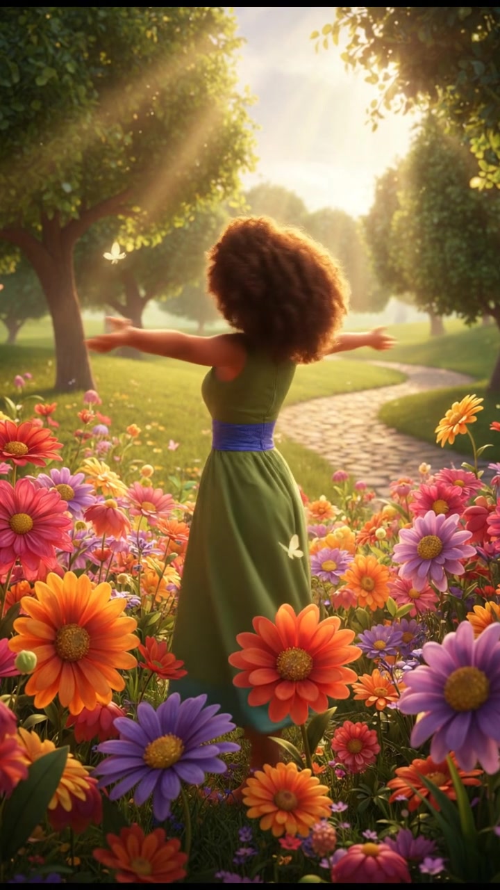 Nia standing in a sunlit park, smiling broadly with her arms open wide, surrounded by flowers.