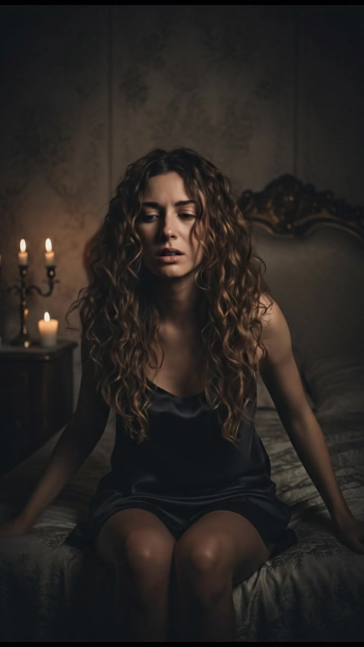 Maya looking anxious, sitting on a bed, holding her head in disbelief.