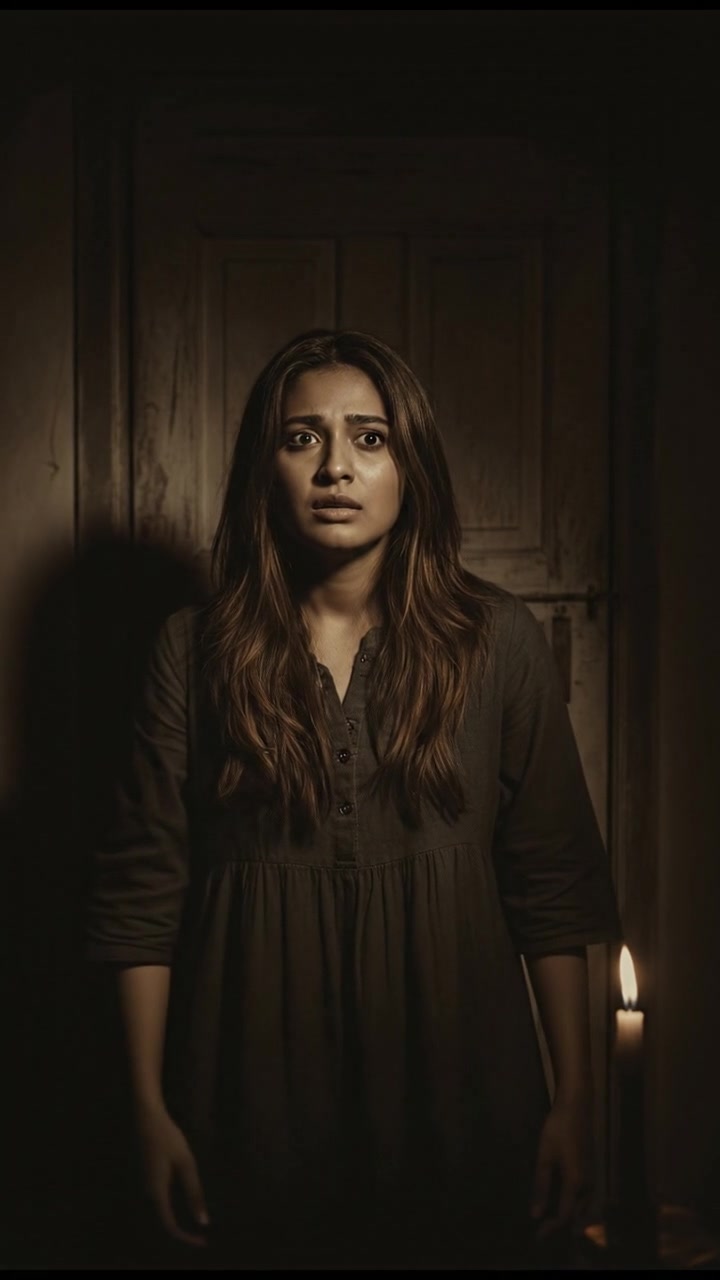Priya looking frightened, gazing into the darkness with a worried expression.